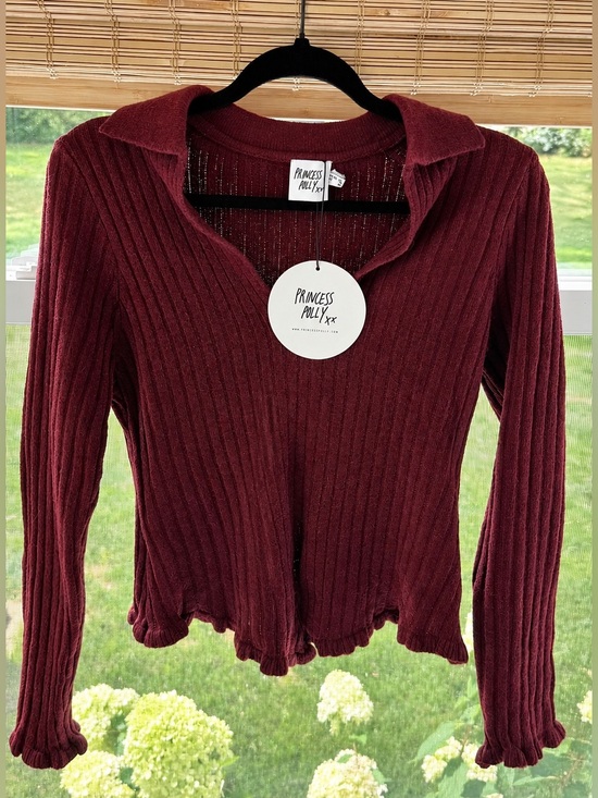 Princess Polly Sweaters - NWT Princess Polly Burgundy Ribbed Collared Sweater Top | Y2K Coquette